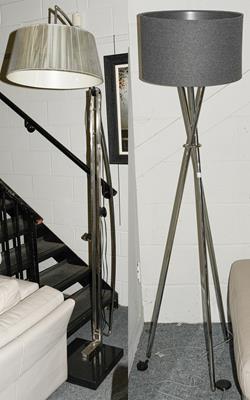 Lot 1249 - An adjustable chrome arc-style standard lamp with marble base, together with a further modern...
