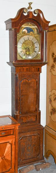 Lot 1287 - A George III oak and mahogany eight-day longcase clock with brass arch top dial, silvered...