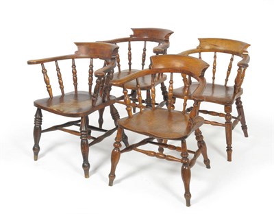 Lot 1582 - Four Victorian Elm, Ash and Beech Smoker's Bow/Office Armchairs, late 19th century, one with...