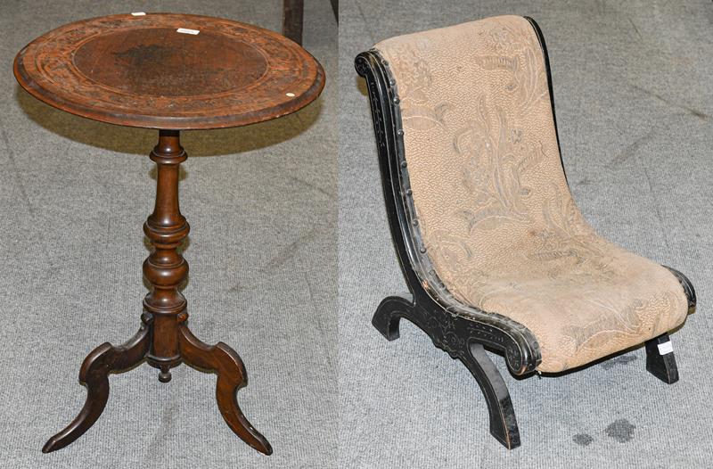 Lot 1352 - A Victorian ebonised slipper chair, together with a 19th century inlaid rosewood and mahogany...