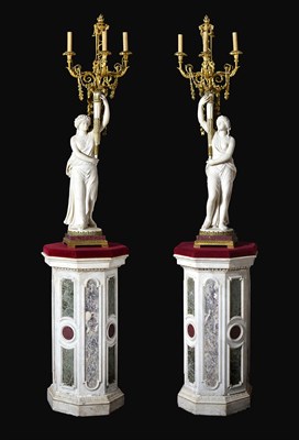 Lot 480 - A Pair of French Ormolu-Mounted, White Marble and Porphyry Candelabra, signed Joan F.R. Lorta,...