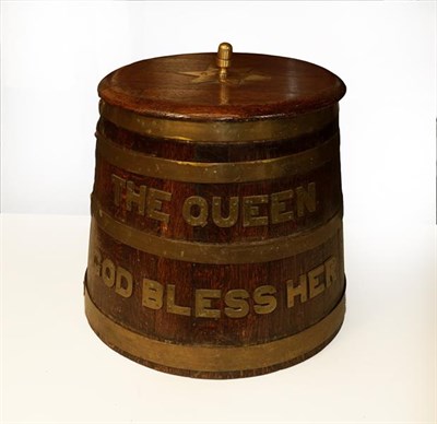 Lot 28 - An Elizabeth II Staved Oak Rum Barrel, of tapering cylindrical form, bound with four brass...