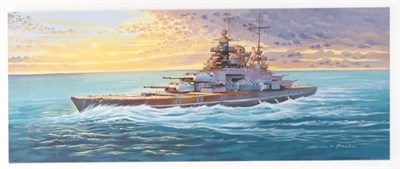 Lot 29 - David L Marshall, The Bismark and HMS Upshot, at sea, acrylic on canvas, signed, a pair, 41cm...