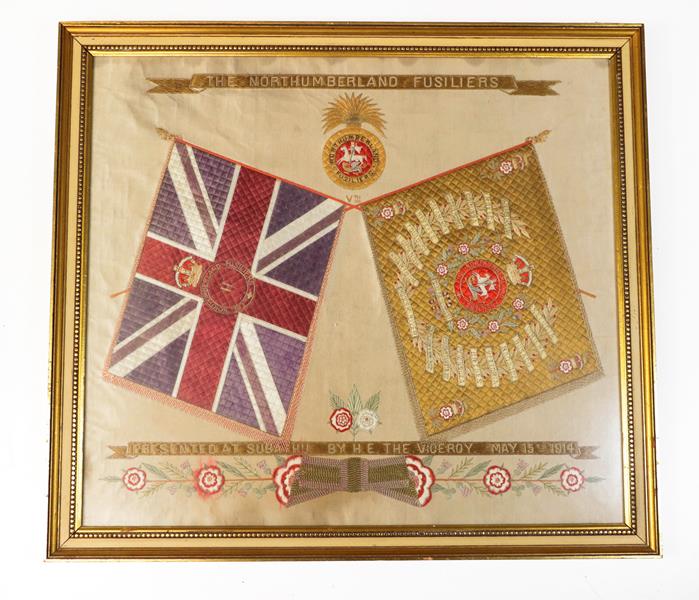 Lot 42 - A First World War Embroidered Silk Panel to the Northumberland Fusiliers, worked in couching...