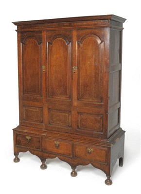 Lot 1597 - An 18th Century Joined Oak Housekeeper's Cupboard on Associated Stand, the bold pediment above...