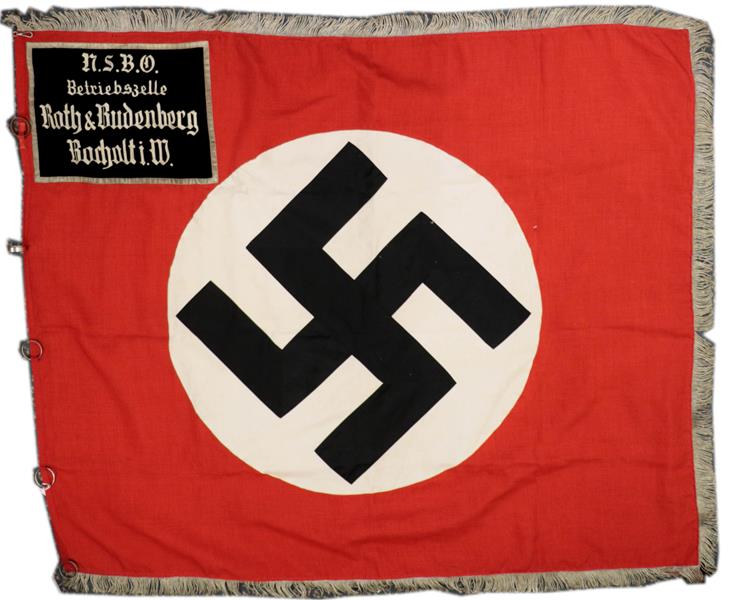 Lot 90 - A German Third Reich NSBO Standarte, constructed in double sided scarlet linen, each side...