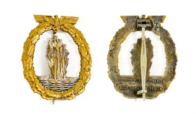 Lot 92 - A German Third Reich Minesweepers Badge, in gilt metal with silver plated centre panel the...