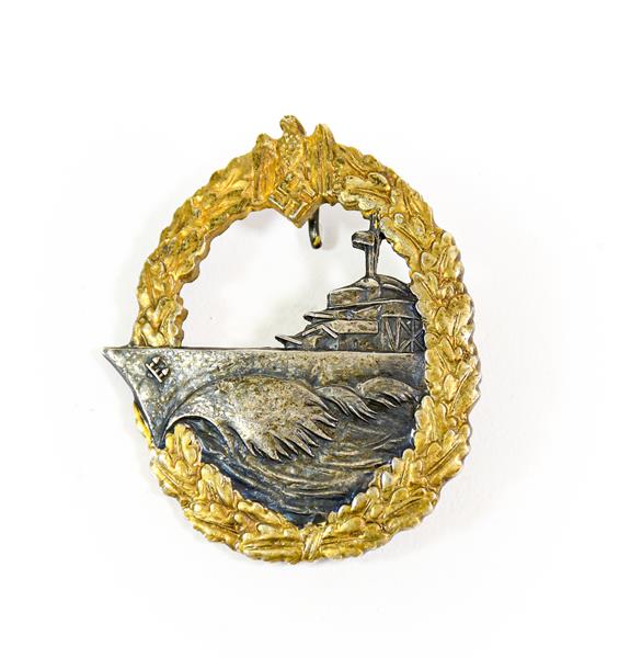 Lot 93 - A German Third Reich Destroyers War Badge, First Pattern, in gilt metal with silver plated...