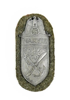 Lot 101 - A German Third Reich Narvik Shield, Silver Class, Heer, with grey wool backing, the reverse...