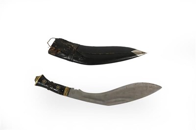 Lot 114 - Two Indian Kukris, each with curved blade prick engraved ARMY TRADERS ''SUPER'', with horn...