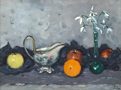 Lot 2112 - John Miller RSA, Pres RSW, (1911-1975)"Snowdrops and Fruit"Signed and inscribed verso, oil on...