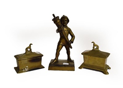 Lot 2 - Art Deco figural table lighter, two tobacco jars and three metal sculptures (6)