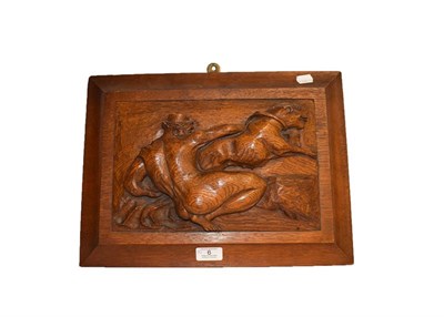 Lot 6 - A Chinese carved hardwood tray, 40.5cm wide, and a carved panel depicting a man fighting a panther