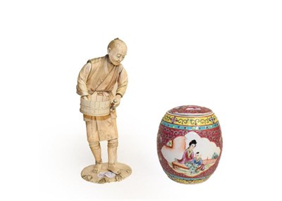 Lot 20 - An early 20th century carved ivory figure of a man with staved bowl (a.f.), two pairs of...