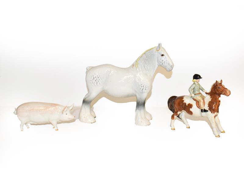 Lot 33 - Beswick comprising Girl on Pony, model No. 1499, skewbald gloss, Sow Ch. ''Wall Queen 40th'', model