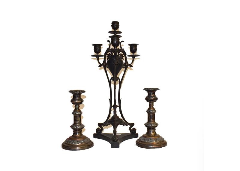 Lot 37 - A bronze and black slate candelabrum together with a pair of old Sheffield plate telescopic...