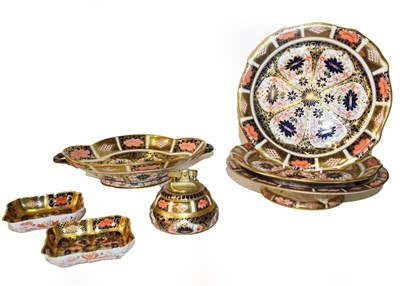 Lot 57 - A quantity of Royal Crown Derby Imari, including a quatrefoil twin handled dish, a pair of...