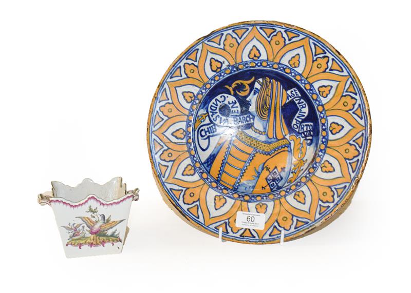 Lot 60 - A Maiolica Bella Donna dish in 16th century Deruta style, painted in blue and ochre with a bust...