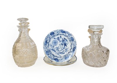 Lot 63 - Four glass decanters including Georgian examples, a Caughley plate in Chantilly Sprig pattern,...