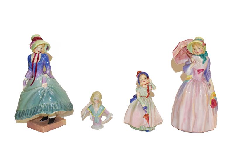 Lot 64 - Three Royal Doulton figures, ''Pantalettes'', ''Miss Demure'' and ''Babie'' and a Continental...