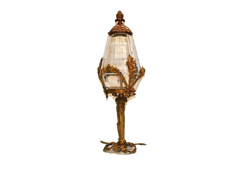 Lot 79 - A French ormolu and glass lamp with ribbon and foliate swag detail, 55cm high