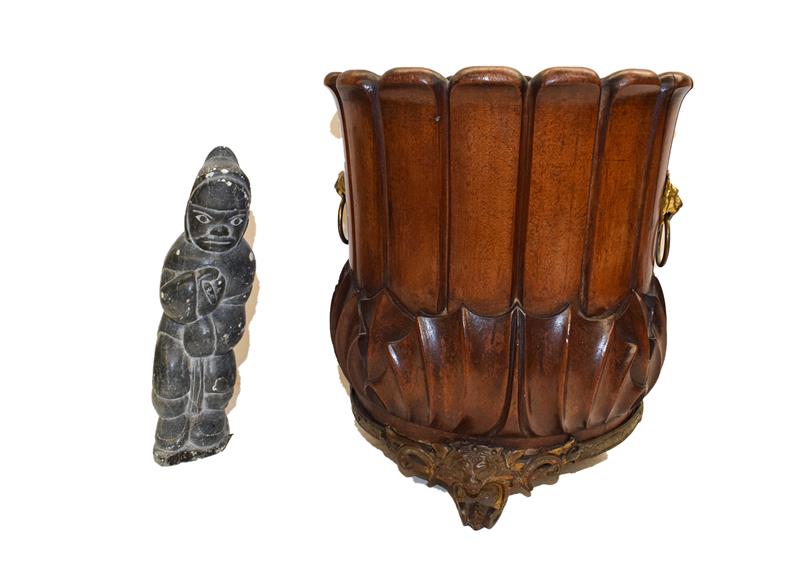 Lot 88 - A pair of Empire style bronze candlesticks (converted), a carved mahogany planter with gilt...