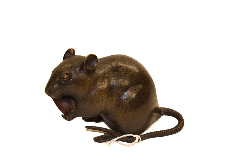 Lot 92 - A Japanese bronze model of a rat feeding on a nut, 16cm (a.f.)