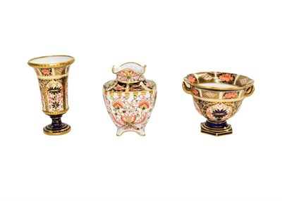 Lot 100 - Three Royal Crown Derby vases, one with twin handles, a pedestal vase and another, all in the Imari