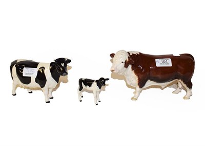 Lot 104 - Beswick Cattle comprising 'Polled Hereford Bull', model No. 2549A, brown and white gloss,...