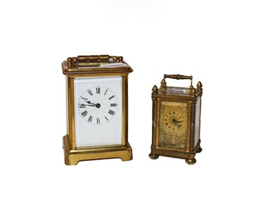 Lot 115 - A brass carriage timepiece with enamel dial, 14cm, together with a miniature brass carriage...