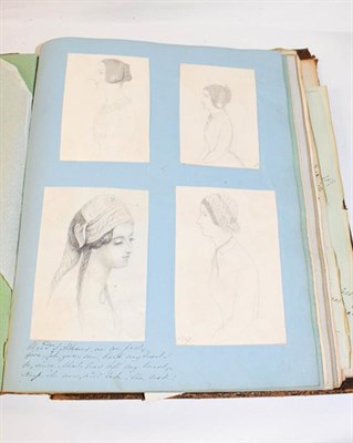 Lot 124 - A scrapbook, circa 1870, containing various drawings, prints, verse, prose and dried flowers,...