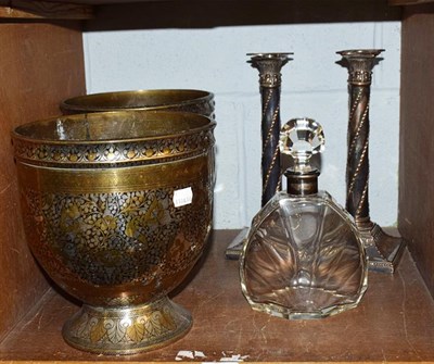 Lot 130 - A pair of floral decorated Bidriware brass planters, glass decanter, and a pair of silver...