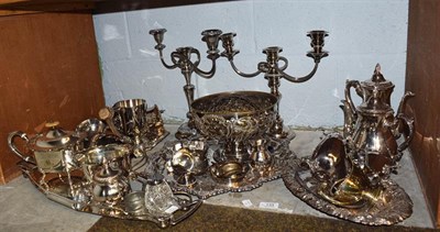 Lot 133 - A large quantity of silver plated wares including tea services, a pair of three branch...