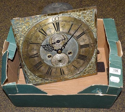 Lot 135 - An eight day longcase clock dial and movement, 12 inch square brass dial with chapter ring...