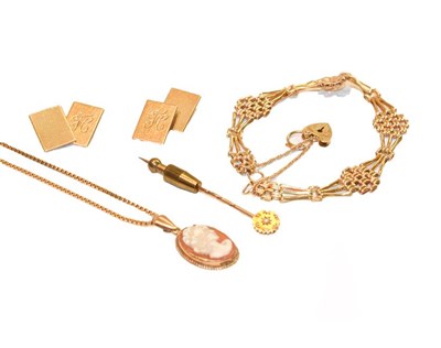 Lot 187 - A 9 carat gold gate link bracelet, length 18cm, a pair of 9 carat gold cufflinks, a 9 carat...