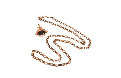 Lot 192 - A 9 carat gold rose gold chain, length 76.5cm, with a 9 carat gold mother-of-pearl and agate swivel