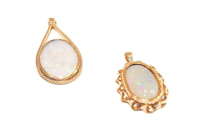 Lot 193 - A 9 carat gold opal pendant on chain, pendant length 3.0cm, chain length 41cm, and a 9 carat...