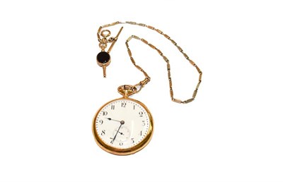 Lot 200 - An open faced pocket watch with case stamped 18k, stamped in case back Omega, attached with a...