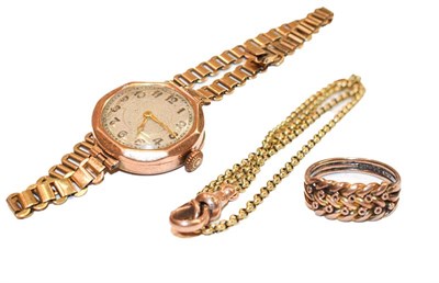Lot 205 - A lady's 9 carat gold wristwatch, a 9 carat gold ring, and a yellow metal chain with later attached