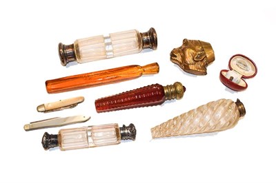 Lot 230 - Five glass scent bottles including Victorian double sided examples and one cut ruby glass with gilt