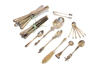 Lot 244 - A tray of English and Continental silver and white metal flatware, including: a set of six...
