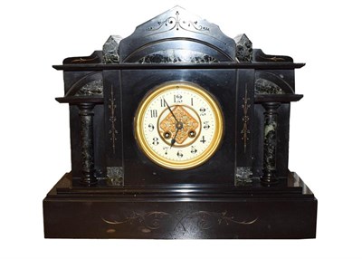 Lot 274 - A Victorian slate and marble eight day mantel clock, together with an Edwardian inlaid mahogany...
