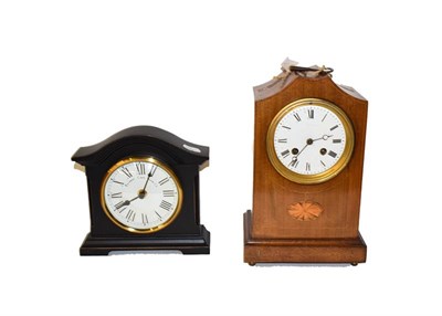 Lot 274 - A Victorian slate and marble eight day mantel clock, together with an Edwardian inlaid mahogany...