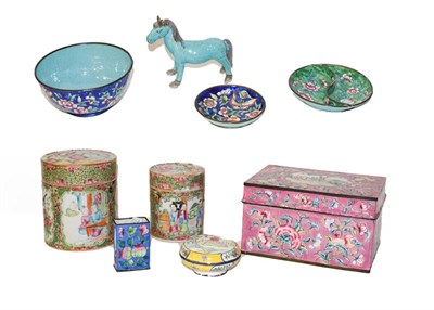 Lot 283 - A tray of early 20th century Canton enamel dishes and boxes including a pink ground rectangular box