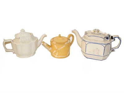 Lot 296 - Two trays of early 19th century feldspathic stoneware and caneware, mainly teapots edged in wet...