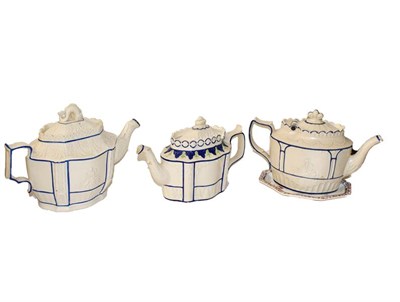 Lot 296 - Two trays of early 19th century feldspathic stoneware and caneware, mainly teapots edged in wet...