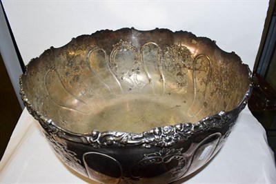 Lot 312 - A large silver plated punch bowl, 38cm wide, 23cm high and a box of other silver plated items...