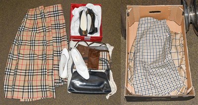 Lot 313 - Assorted modern costume including Burberrys checked wool kilt and similar skirt, a pair of...