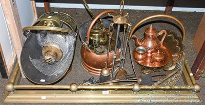 Lot 348 - A quantity of 19th century metalwares, brass and copper, to include fire fender, two coal scuttles