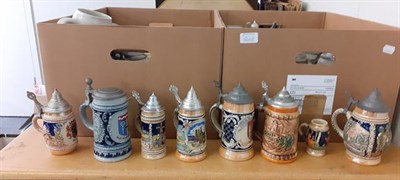 Lot 363 - Four boxes of assorted pewter lidded pottery and stoneware steins (4)
